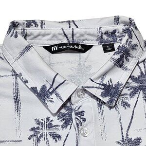 Travis Mathew XL Palm Tree Print Polo Shirt Made In Peru White Gray Short Sleeve